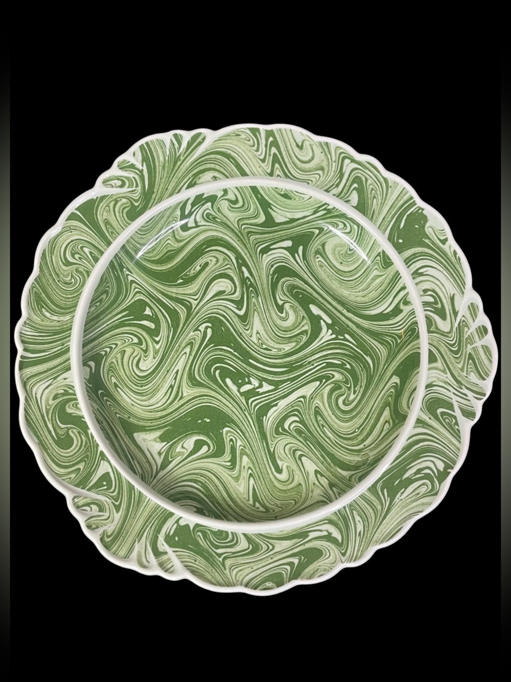 Anthropologie Elka Dinner Plate Charger Server Marble Art Green White Scalloped